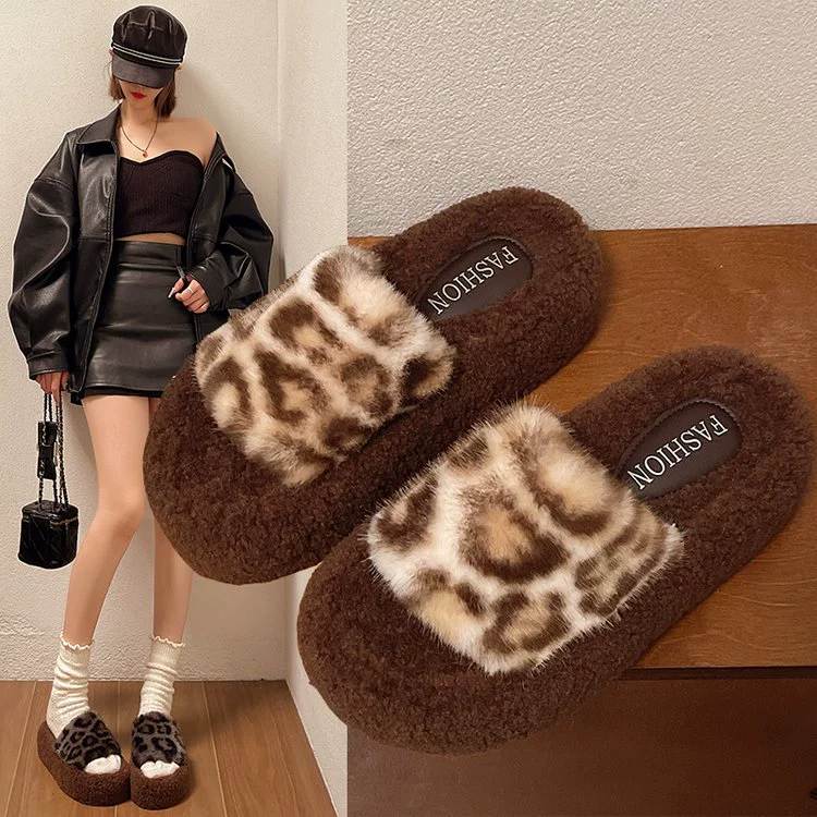 Осенние и зимние леопардовые шерстяные тапочки женские европейские и американские модные шерстяные тапочки 4 см толстая подошва домашние нескользящие плюшевые тапочки