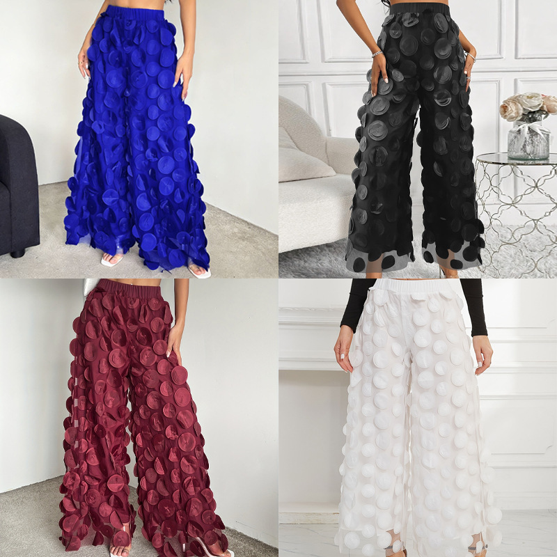 Cross-Border Women's Casual Long Pants with Polka Dots, Straight-Leg, Elegant Mesh Design, Spring and Summer Style, Versatile for Commuting