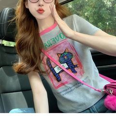 2025新型夏衝突色正肩半袖tシャツ女性灰色猫プリント短金アメリカ修身上着