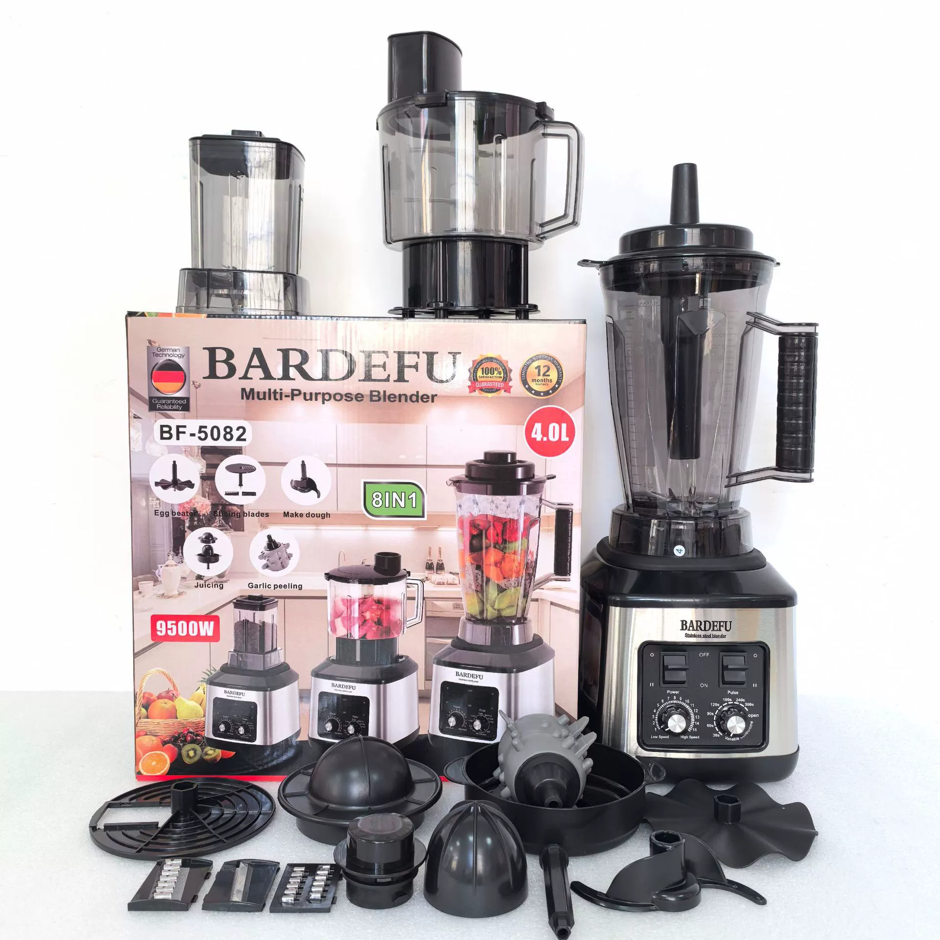 Cross-border 4L 8-in-1 blender for commercial use, stainless steel, high-power, pure copper mixer, meat grinder, crushed ice, juice extractor