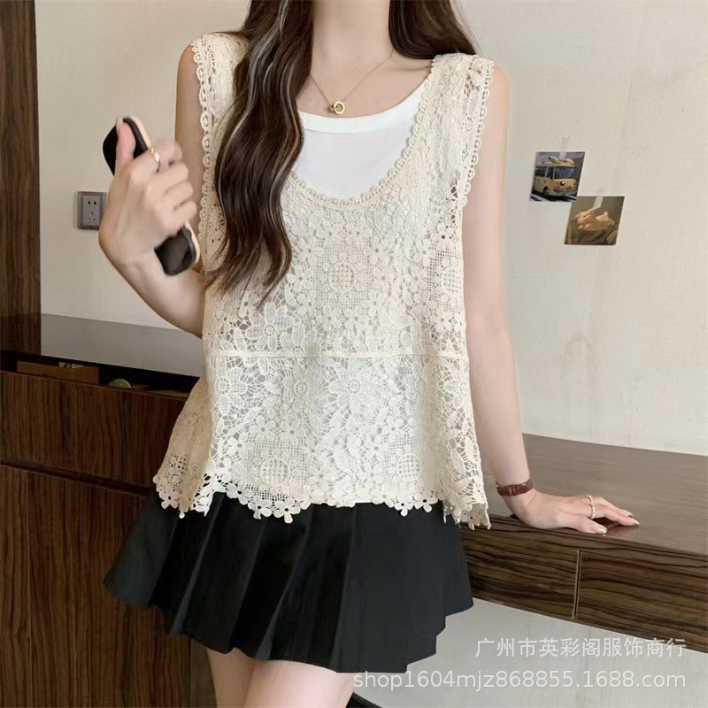 Summer Knitted Vest Vest Women's Overshirt Korean-style Loose Sleeveless Sling Top Holiday Hollow Waistcoat Women's Vacation