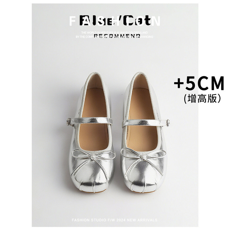 Sheepskin 2026 French-Style Silver Mary Jane Shoes for Women, Genuine Leather New Ballet Bow Design, Internal Height Increase of 5cm Version