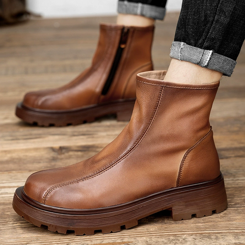 [Спот] Шерсть плюс флисовое короткое лицо с толстым дном из кожи головы мужские короткие сапоги высокие сапоги Челси мягкие кожаные сапоги Мартин