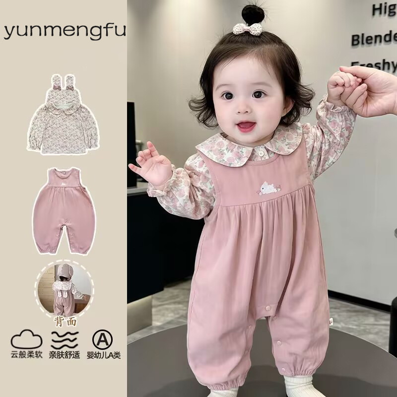 Baby autumn outfit, two-piece set with overalls, adorable and stylish baby set, sweet and cute doll-style shirt set, suitable for spring and autumn