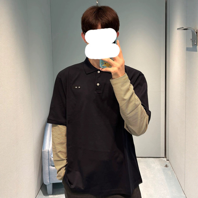 Unisex POLO Collar Patchwork Fake Two-Piece Jacquard Letter Print Loose Mid-Length Long-Sleeve T-Shirt for Couples in Autumn