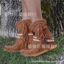 35-43大码欧美跨境圆头平跟厚底绒面平底皮带扣流苏短靴女靴X354
