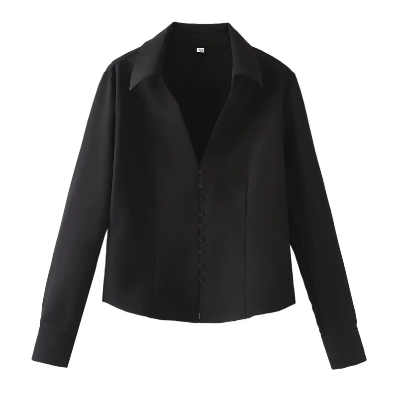 Cross-Border 2025 Spring and Summer New Women's European and American Style Fashionable Casual Versatile Black Buttoned Close-Fitting Shirt 2234880