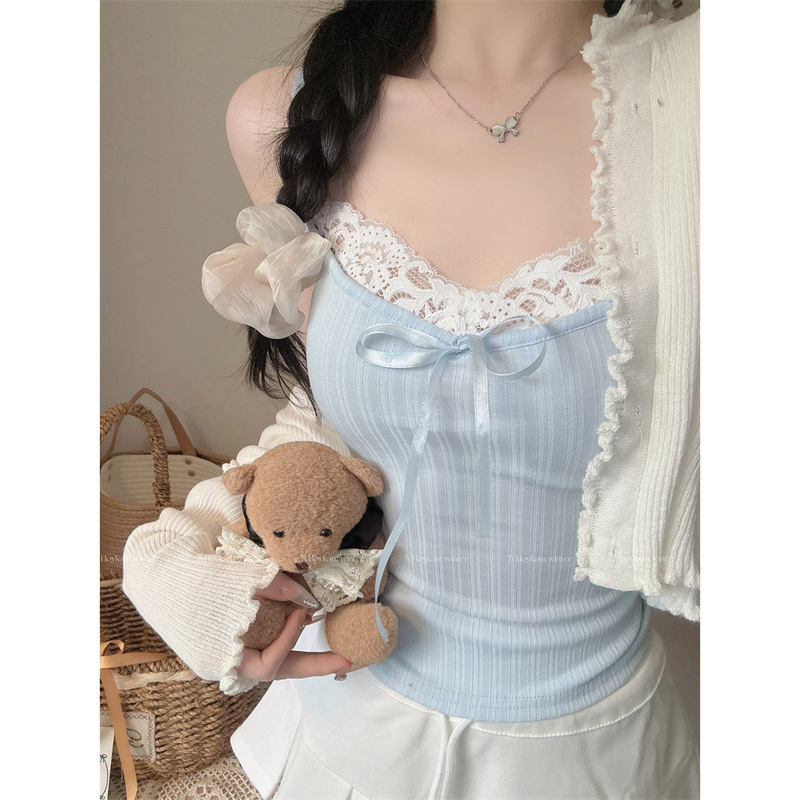 French-Style Youthful Lace Bowknot Camisole Summer Inner Wear Slim-Fit Tank Top Anti-Exposure Bm Pure Desire Top for Women