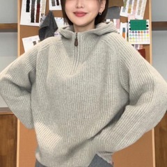 大码松弛感半拉链连帽毛衣针织衫女秋冬宽松显瘦毛衣百搭外穿上衣
