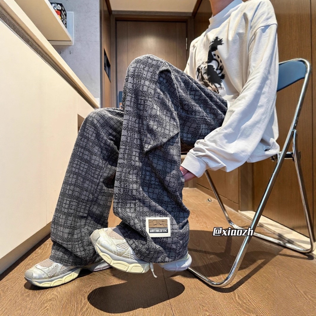 Galería americana retro japonesa suelta pantalones a cuadros para mujeres super caliente primavera y otoño de piernas anchas tendencia recta pantalones casuales para hombres