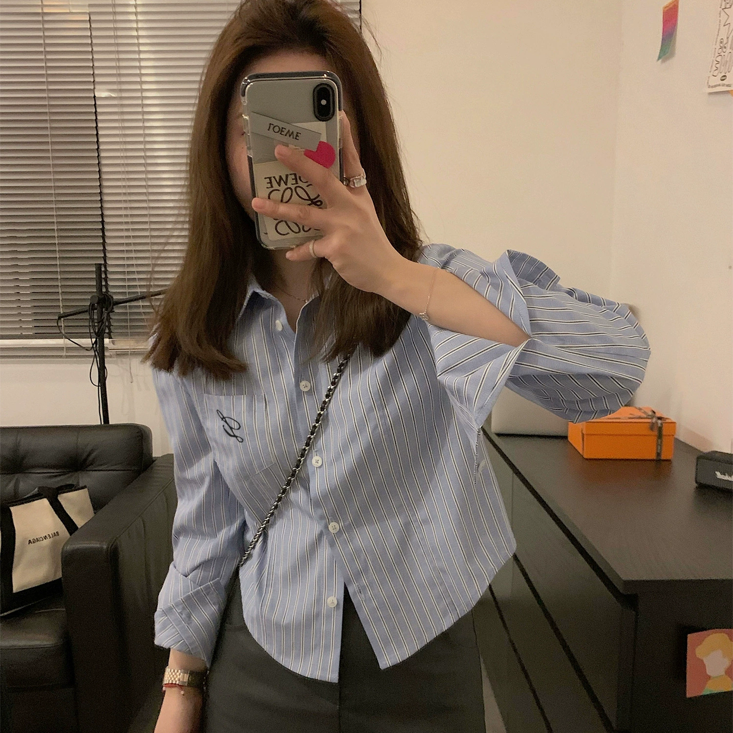 Корейская вышивка короткая синяя полосатая рубашка женская рубашка 2024 весна и осень новый дизайн с внутренним нижним топом