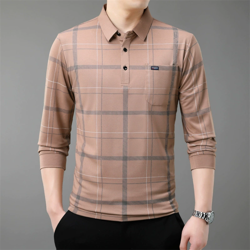Осенний новый мужской лацканный решетчатый футболка с длинными рукавами реальные карманы тонкий клетчатый средний и пожилой мужской поло рубашка оптом