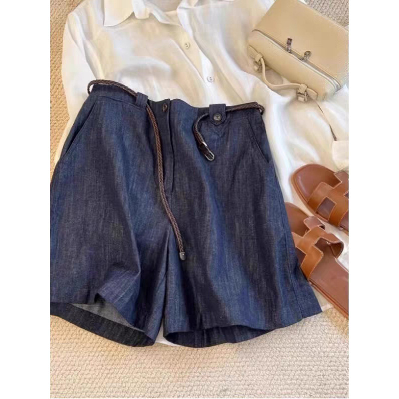 Quần short nữ denim phong cách vintage, dáng rộng thoải mái mùa hè — màu xanh đậm