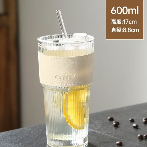 新款竖纹吸管玻璃杯竖条纹大容量竹节带盖带吸管夏季冷饮水杯子|undefined