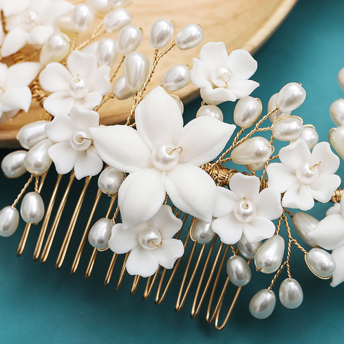 European and American porcelain flower pearl hair comb hand-woven ceramic comb ancient style Hanfu hair accessories wedding hairstyle accessories wholesale