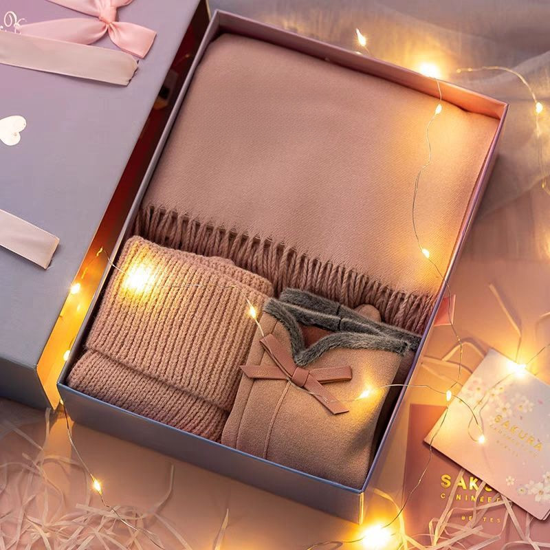 Pink scarf + german velvet gloves + hat + brooch