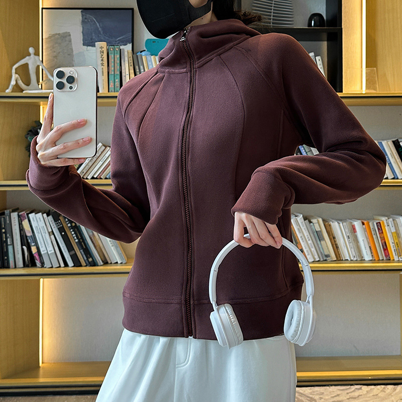 连帽卫衣加厚加绒摇粒绒外套女春秋冬季开衫修身瑜伽服运动上衣|undefined