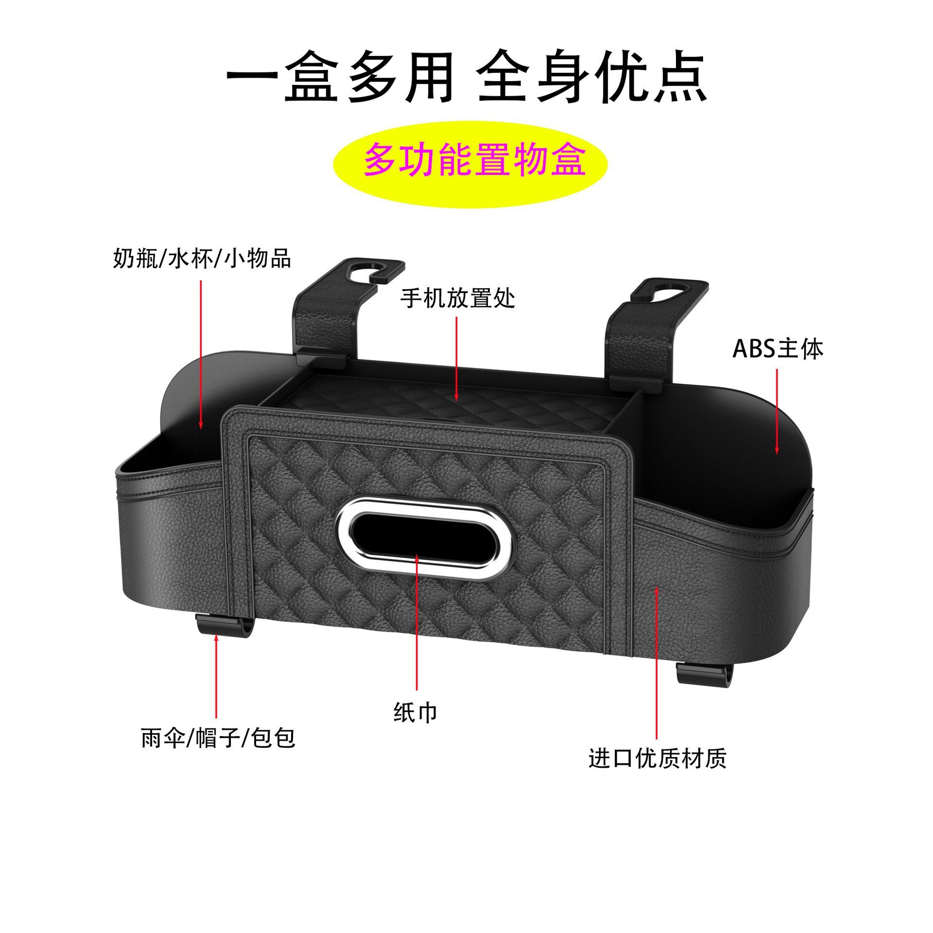 Car Seat Back Storage Box, Seat Rear Storage Box, In-Car Tissue Holder, Plastic Cup Holder, Phone Holder, Storage Box