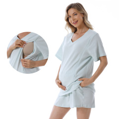妊婦の家の服の夏のワッフルの短いタイプの妊婦のスーツの授乳する月子の服の欧米の大きいサイズのパジャマの外で着る