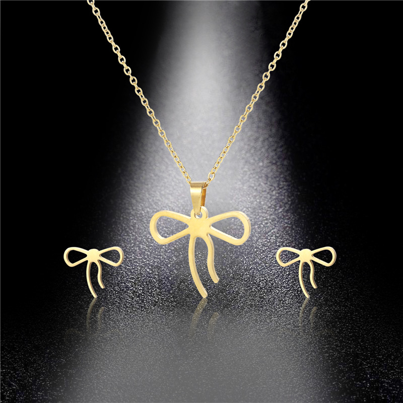 simple bow pendant stainless steel necklace earrings set