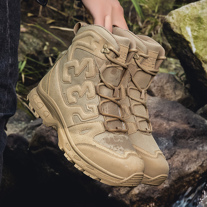 Cross-border wholesale of large-size outdoor sports hiking boots for men with front lacing, high-top tactical boots for travel and outdoor use