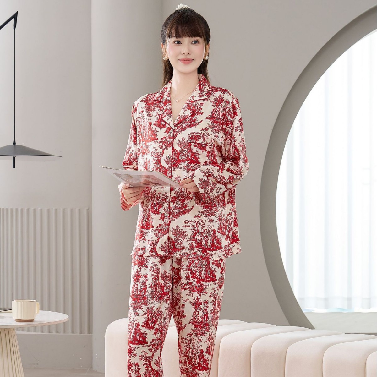 여성용 잠옷 봄과 여름 긴팔 실크 아이스 실크 홈웨어 얇은 아이스 실크 새틴 홈웨어 세트 긴 옷깃