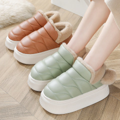 2F情侶棉拖鞋女包跟厚底防水PU皮居家時尚拖鞋男冬保暖防寒棉鞋外