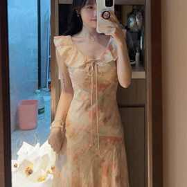 法式荷叶边碎花连衣裙子女夏季2026新款爆款海边度假漂亮绝美长裙