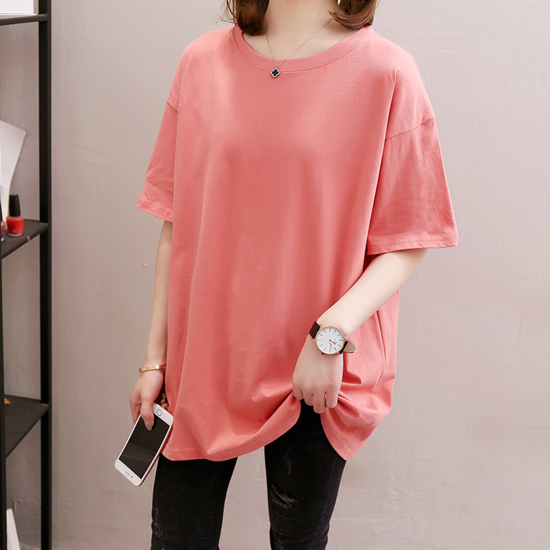 Plus-Size Women's Solid Color T-Shirt, Short-Sleeve, Loose, Slimming, Summer Mid-Length Top, T-Shirt Dress