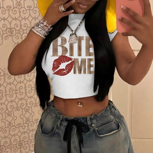 夏季跨境y2K百搭字母图案印花修身性感黑美风露脐短袖t恤女式T恤