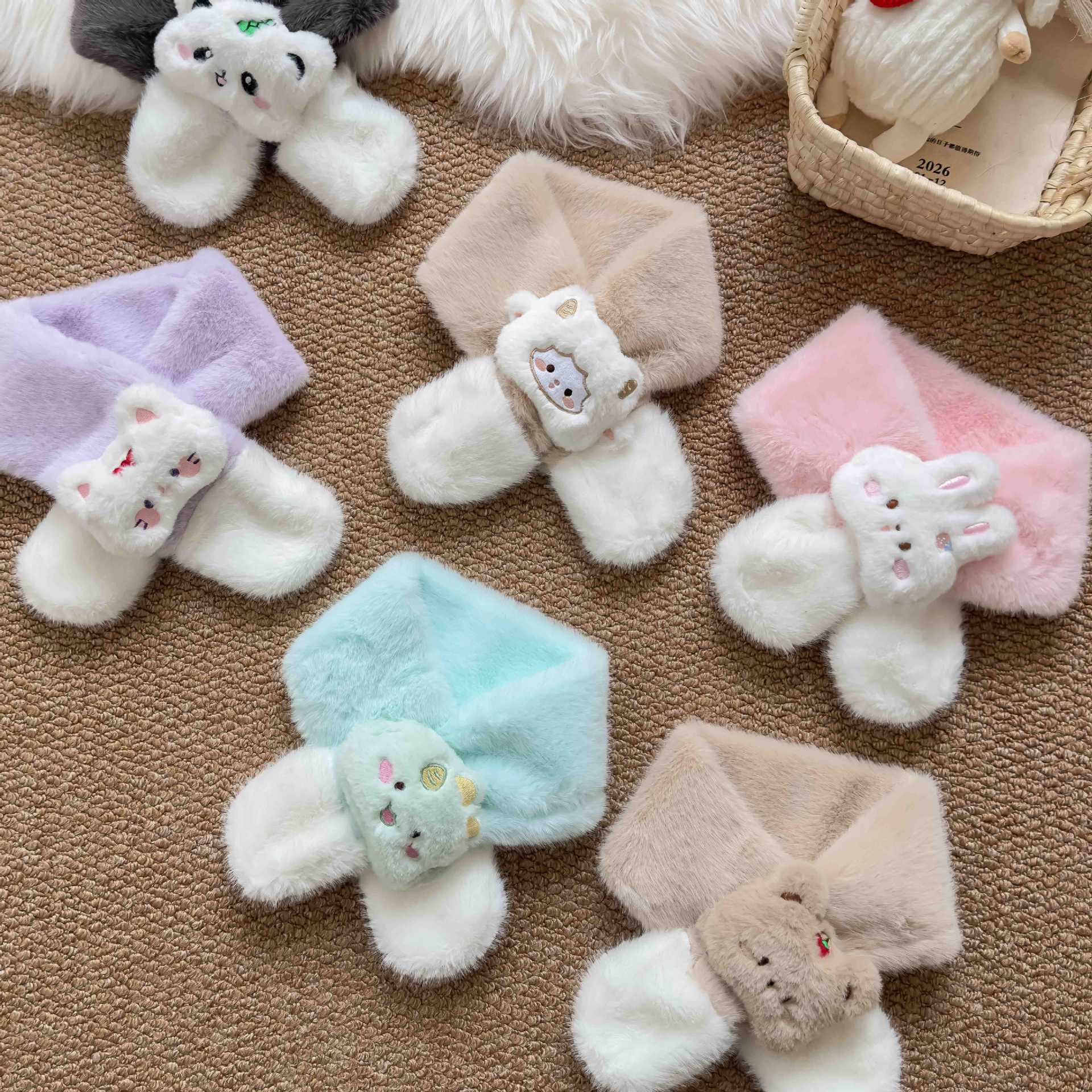 2025 New Children's Scarf Autumn and Winter Stuffed New Year Christmas Cute Thickened Cartoon Imitation Rabbit Fur Baby Scarf