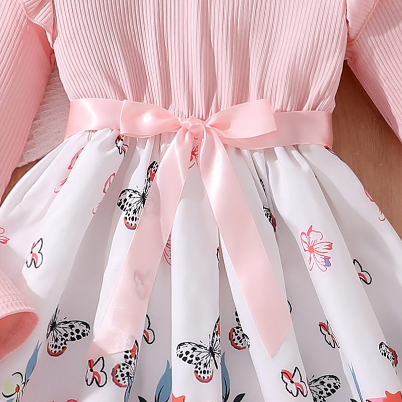 INS Girls' Autumn New Mid to Large Children's Long Sleeve Pit Strip Splicing Flower Butterfly Printed Dress_voghion.com