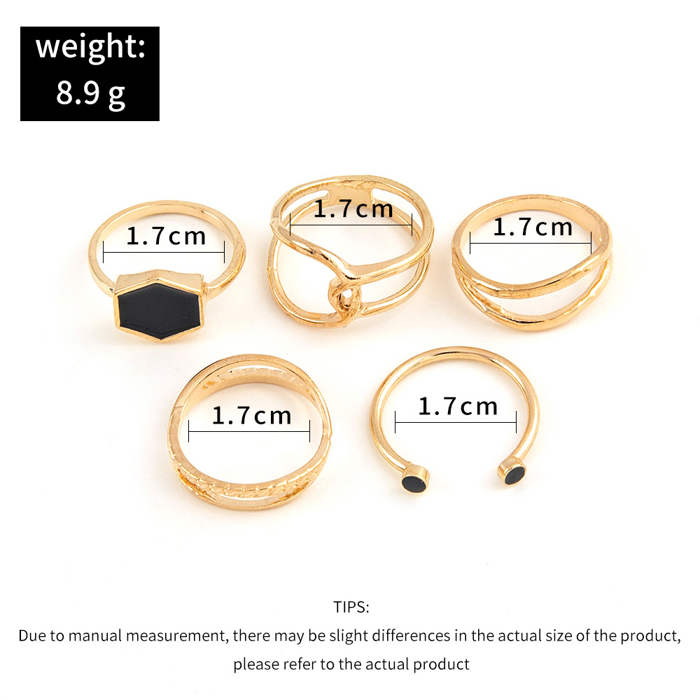 Cross-border foreign trade retro black six-sided geometric dripping hollow ring five-piece set