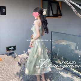 2024韩版夏季新款吊带长裙仙女荷叶边印花无袖气质连衣裙图片色
