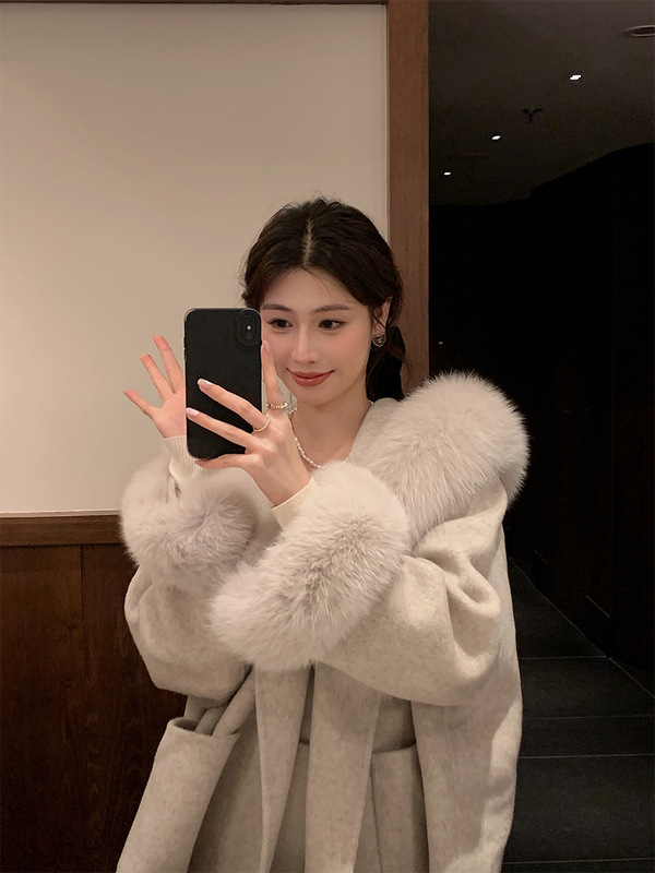 沪上千金~狐狸毛领连帽中长款羊毛大衣毛呢外套女呢子2025新款冬|undefined