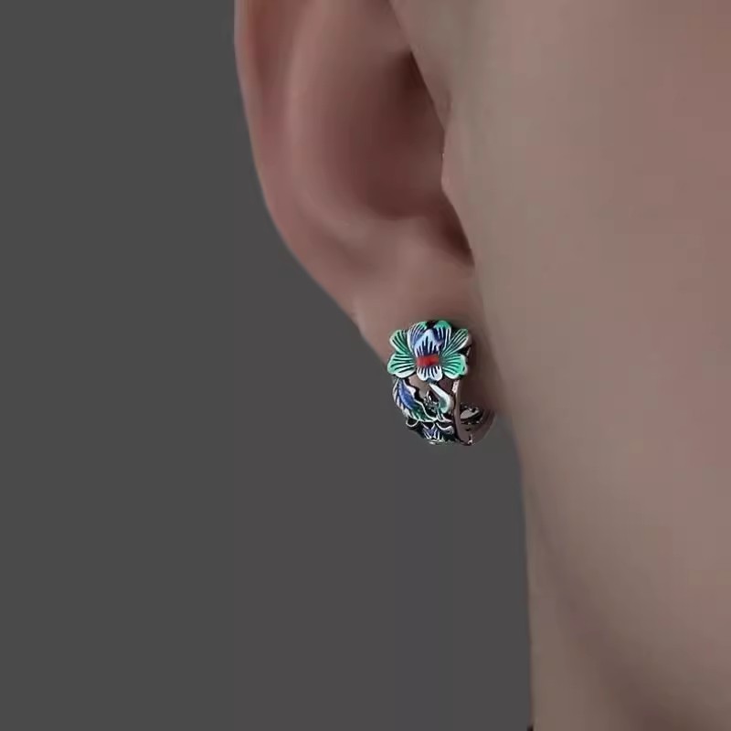 鑫麒首饰景泰蓝牡丹花男士耳环时尚高级感民族风简约滴胶花朵耳扣