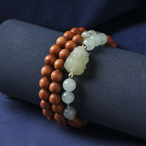 Sandalwood Buddhist beads bracelet 6mm multi-strand mixed with Dongling jade, vintage simple and elegant, women's wooden literary style