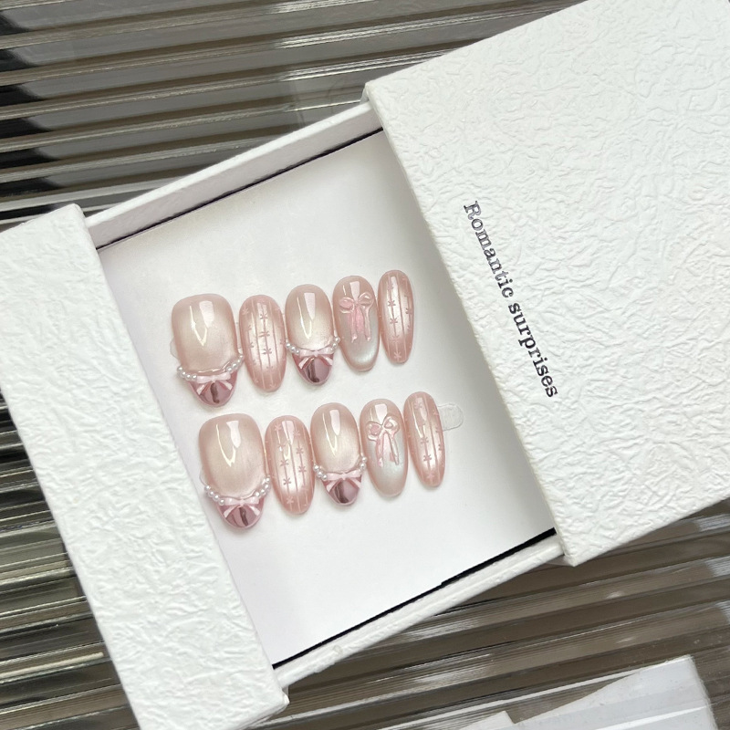 Popular Glass Bead Cat Eye Whitening Bow Nude Pink Pure Desire High-End Finished Product Removable Nail Patch