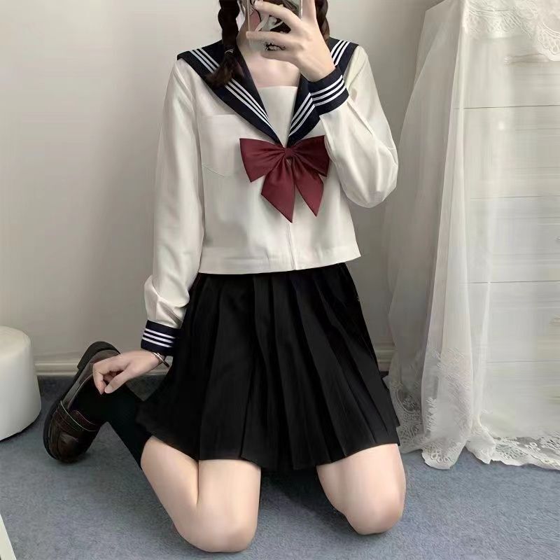 白黒三本JK制服スカートベーシック本格セーラー服日本カレッジスタイルスーツ半袖ミドル服レディース夏|undefined