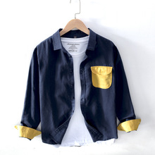 男式长袖商务休闲衬衫工作服职业装男士 棉麻拼色衬衣批量