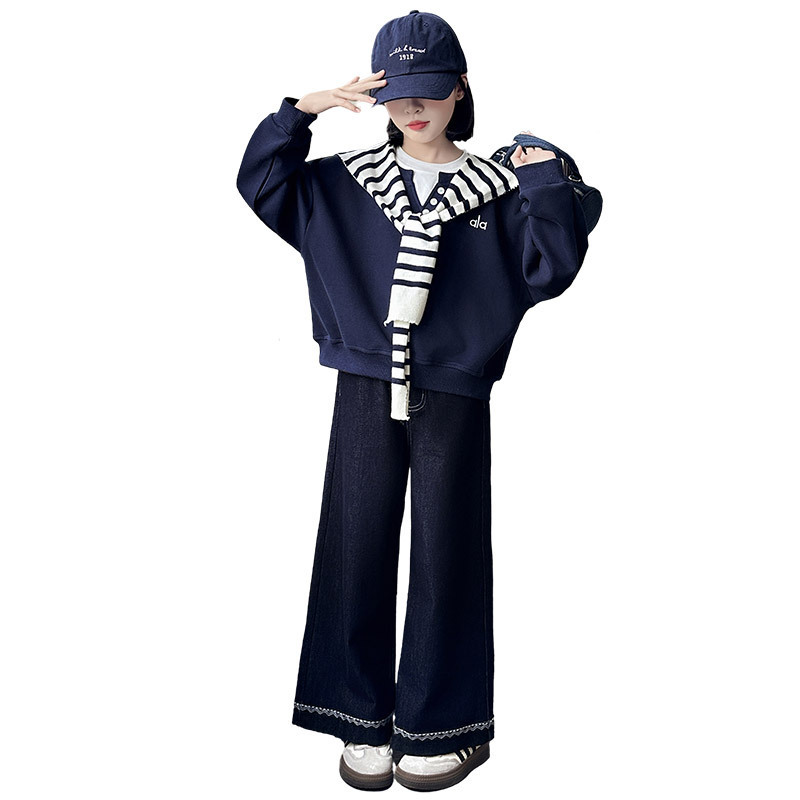 女童秋装休闲套装2025新款韩版洋气女孩春秋披肩卫衣牛仔裤|undefined