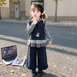 女童三件套2026洋气甜美蝴蝶结珍珠针织马甲娃娃领衬衫阔腿裤套装