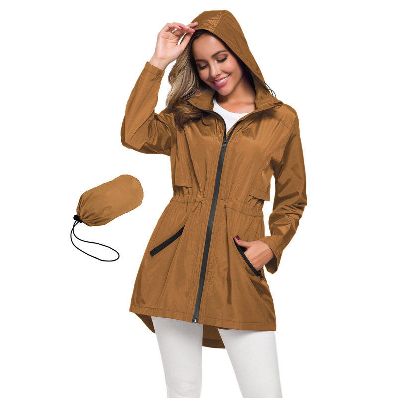 Cross-Border Amazon Mid-Length Raincoat Autumn and Winter Foldable Hood Lightweight Jacket with Pockets Hooded Rainproof Windbreaker