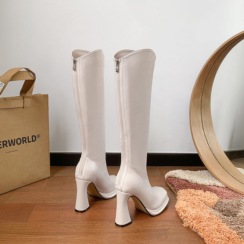 Cream White Chanel-Style High-Heeled Boots 2025 New Thick-Soled Slim Elastic Boots Waterproof Platform Slimming High Boots for Women