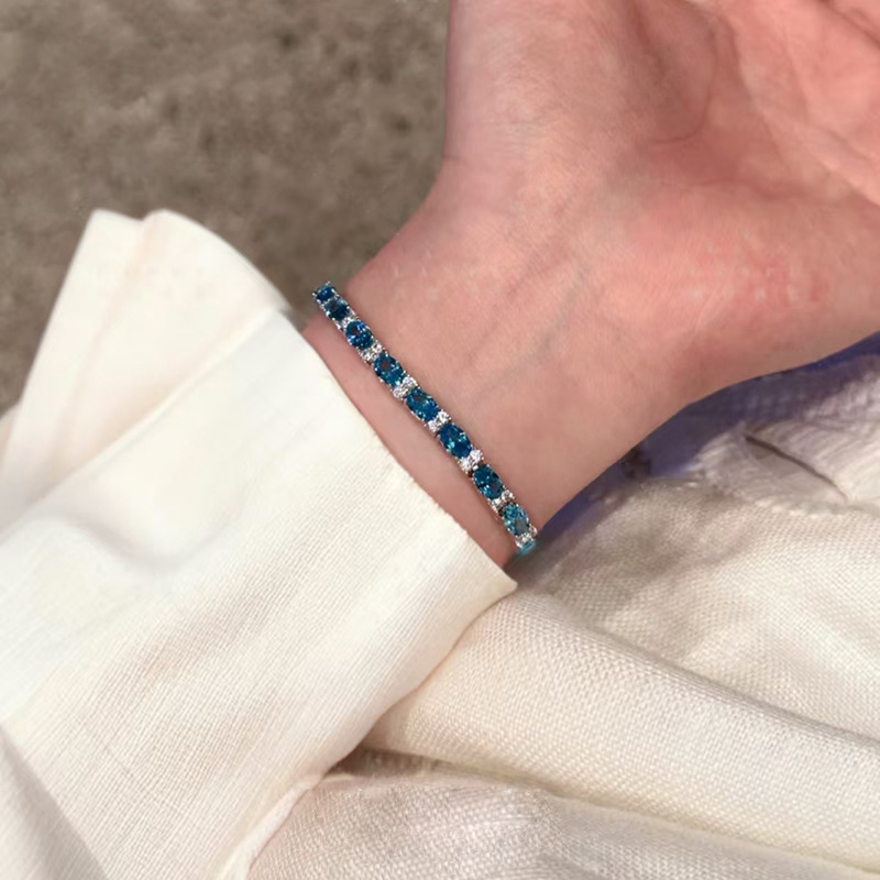 洛熙寺珠宝 新款S925纯银高碳钻轻奢时尚4*6海蓝钻满钻高级感手链|undefined