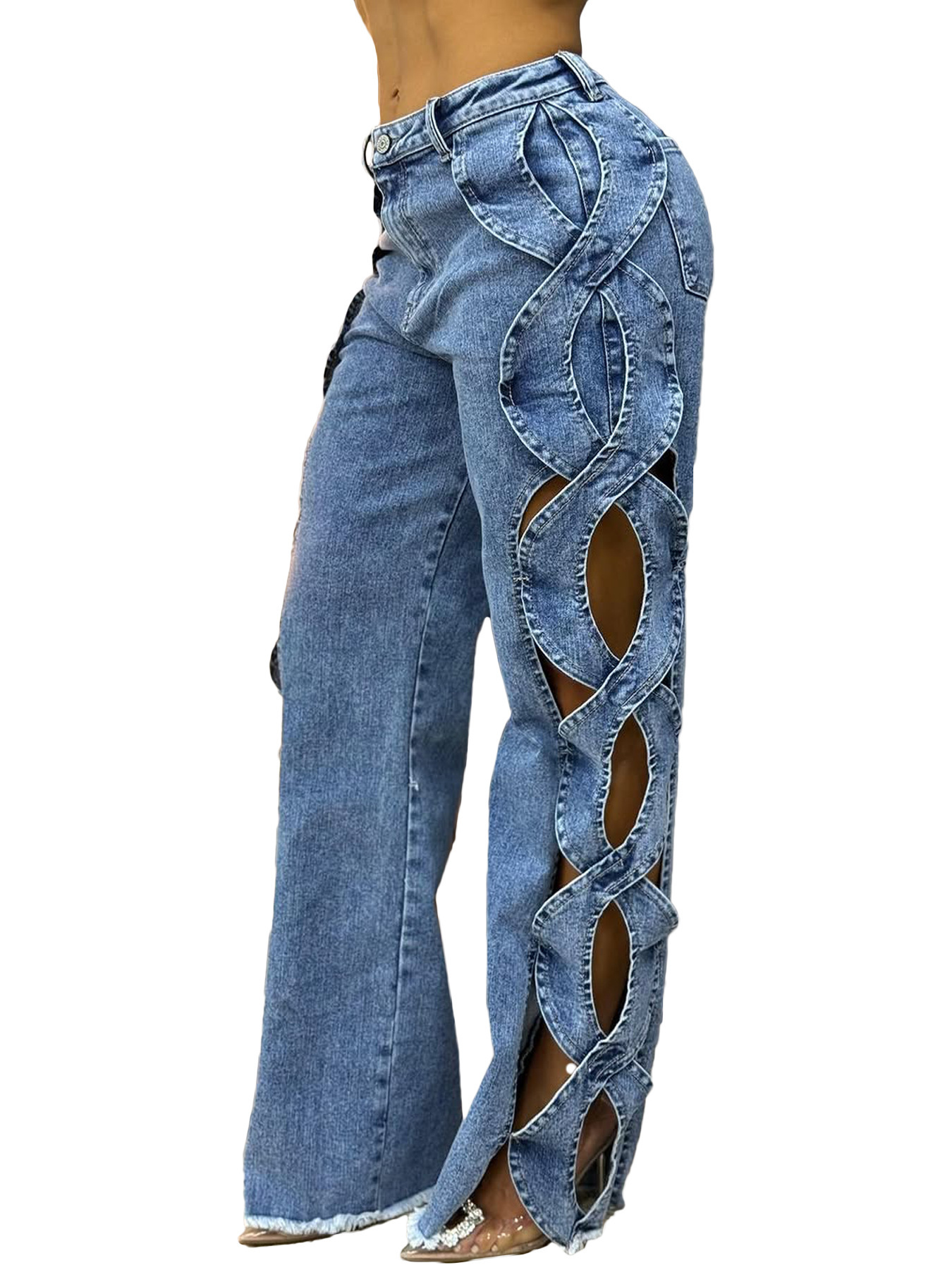 Women's Side Cutout S-Line Denim Pants – Edgy Patchwork Jeans With Distressed Details (Blue/Black-Gray, S-2XL)​_mkmklike.com