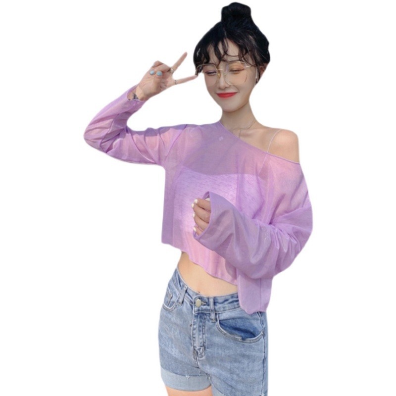 Abiti per la protezione solare trasparenti in tinta unita, magliette larghe a maniche lunghe, le coppie indossano camicie di base, donne corte e carine_voghion.com