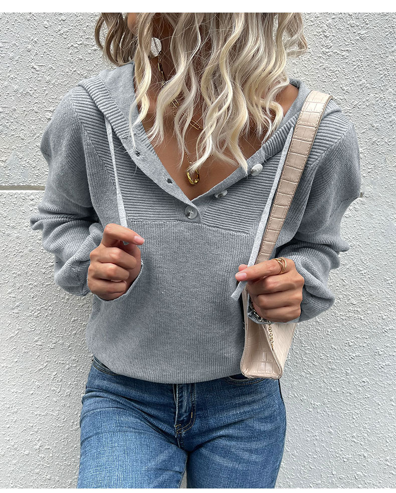 Einfarbiger, langärmeliger Kapuzenpullover mit Knöpfen_voghion.com