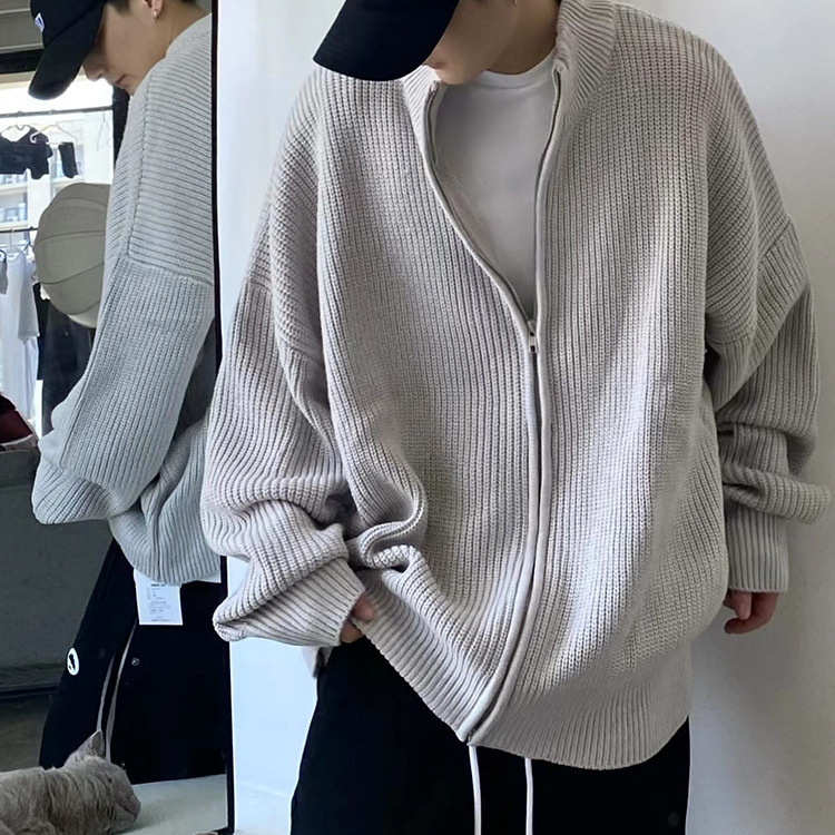 Unisex Zip-Front Knit Sweater – Oversized Drop-Shoulder Cardigan With Stand Collar (Polyester Fleece, Grey/Black, M-3XL)_voghion.com
