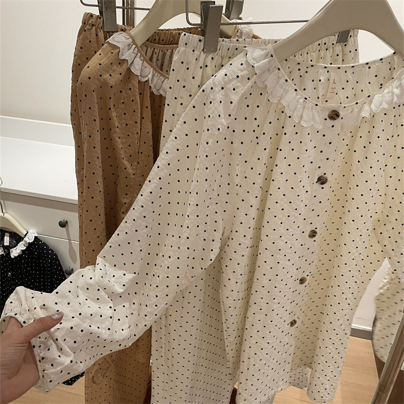 レース波点宅服フワフワ格パジャマレディース高級感ネットレッド風アウター長袖長ズボン春秋スーツ|undefined